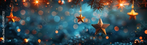 Golden Star Ornaments Hanging From Christmas Tree Branch With Lights