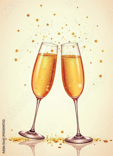 vector of two champagne glasses toasted with gold glitters and stars with confetti falling on it