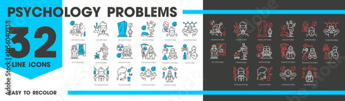 Psychology problems and human phobia icons of mental health care, vector pictograms. Phobia types of psychological disorder logophobia and traumaphobia with musophobia and radiophobia line icons