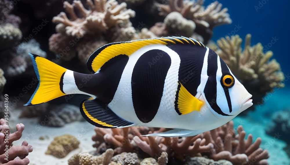 A vibrant black, white, and yellow tropical fish swims near dead coral reef