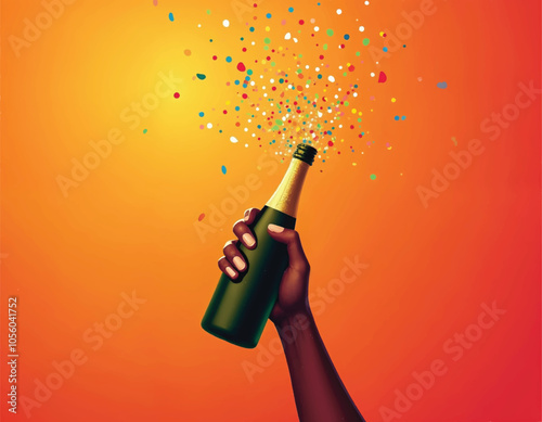 a poster with person hand holding a bottle of champagne and confetting bursting on a red background