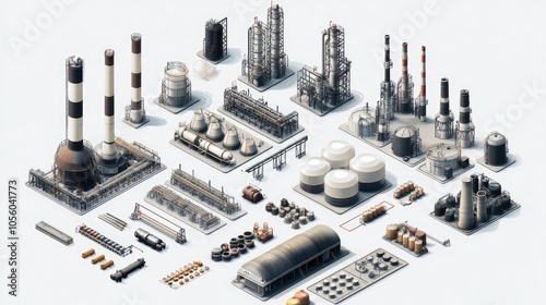 Set of isolated oil refinery icons, including smokestacks, tanks, and pipelines, arranged neatly on a white background