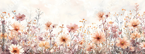 Watercolor painting of a field of peach and white flowers against a white background.