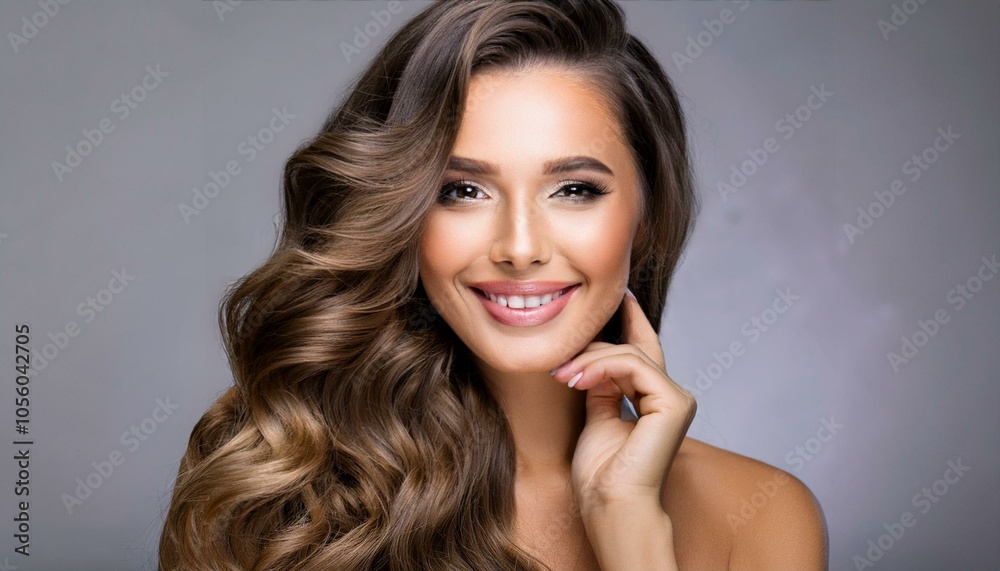 Beauty brunette girl with long shiny curly hair . Beautiful smiling woman model wavy hairstyle . Beauty brunette girl with long shiny curly hair . Beautiful smiling woman model wavy hairstyle .