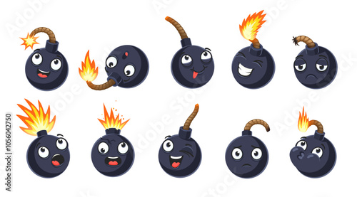 Cartoon bomb characters with wicks or fuses. Explosive, burst weapon personages. Vector set of funny emoticons express emotions of excitement, surprised, laugh, sadness happiness, shock and confusion