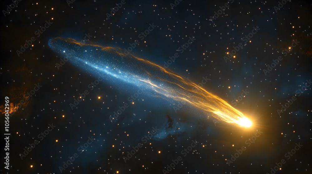 A bright comet streaks across a dark, starry sky with a long, luminous tail. A bright comet streaks across a dark, starry sky with a long, luminous tail.