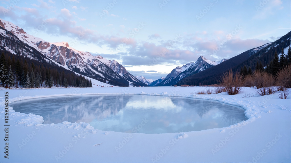 Obraz premium Snow-covered lake with mountains, winter landscape