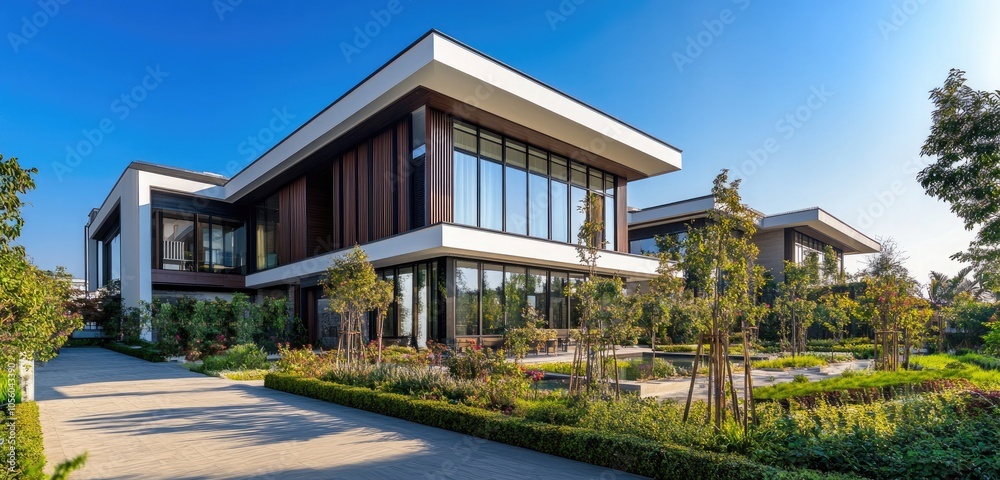 A stunning wide-angle view of a modern villa, showcasing its sleek lines, expansive windows, and beautifully landscaped gardens surrounding the property.