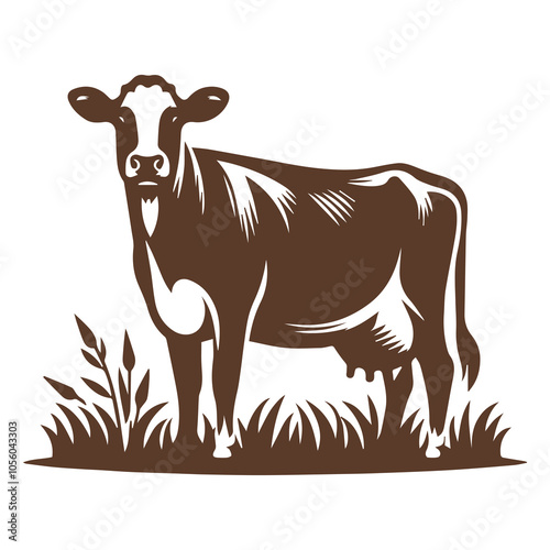 Brown Silhouette Illustration of a Dairy Cow Standing, Farm Animal Graphic Design
