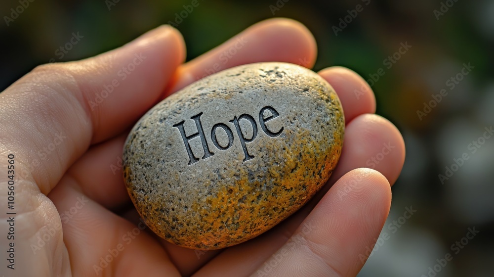 A hand holding a stone engraved with the word hope during a quiet moment outdoors A hand holding a stone engraved with the word hope during a quiet moment outdoors
