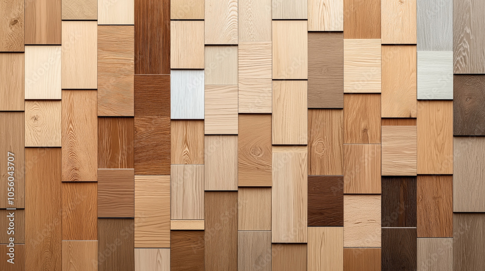 Close-up view of a wall with various shades and textures of wooden planks arranged in a mosaic pattern. Close-up view of a wall with various shades and textures of wooden planks arranged in a mosaic pattern.