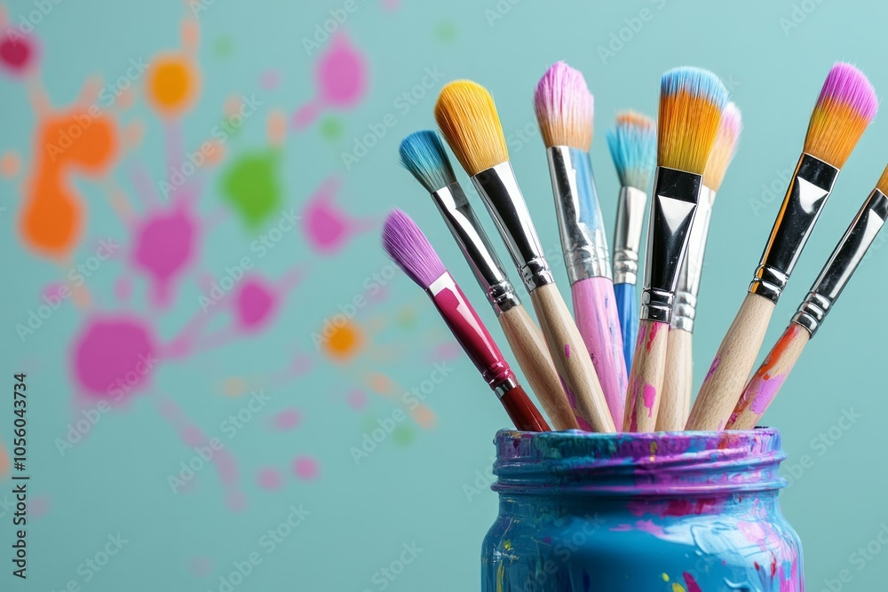 A colorful collection of art brushes in an artist's paintbrush jar A colorful collection of art brushes in an artist's paintbrush jar