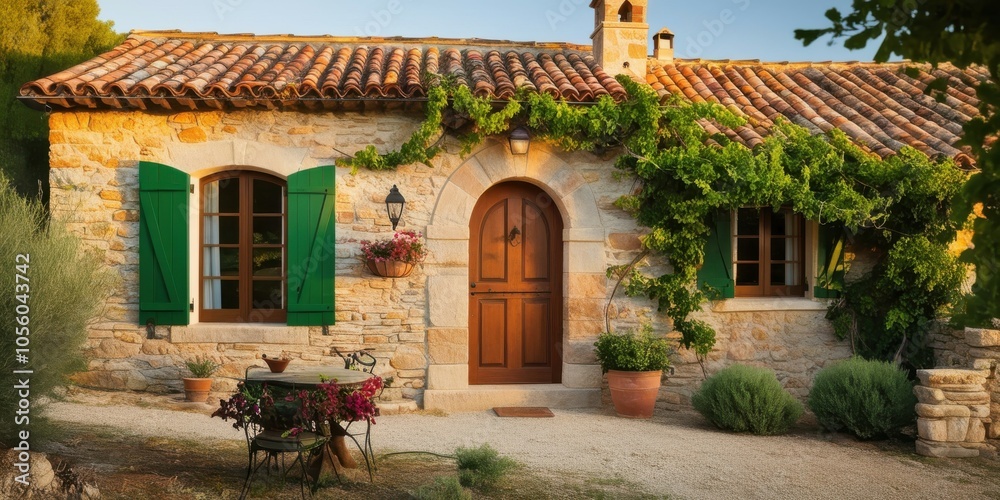 Obraz premium Rustic stone cottage, sun-drenched facade, vibrant green shutters, arched wooden door, terracotta roof tiles, climbing ivy, potted plants, Mediterranean style, warm evening light, charming countryside
