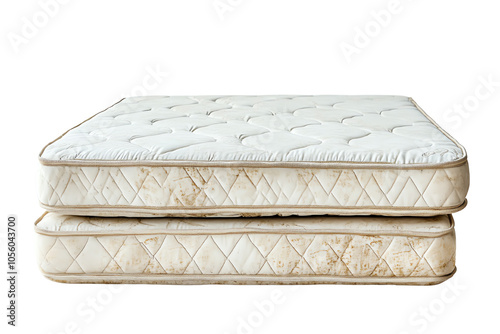 Old, dirty mattress stacked on top of a clean one, showcasing a contrast in condition.