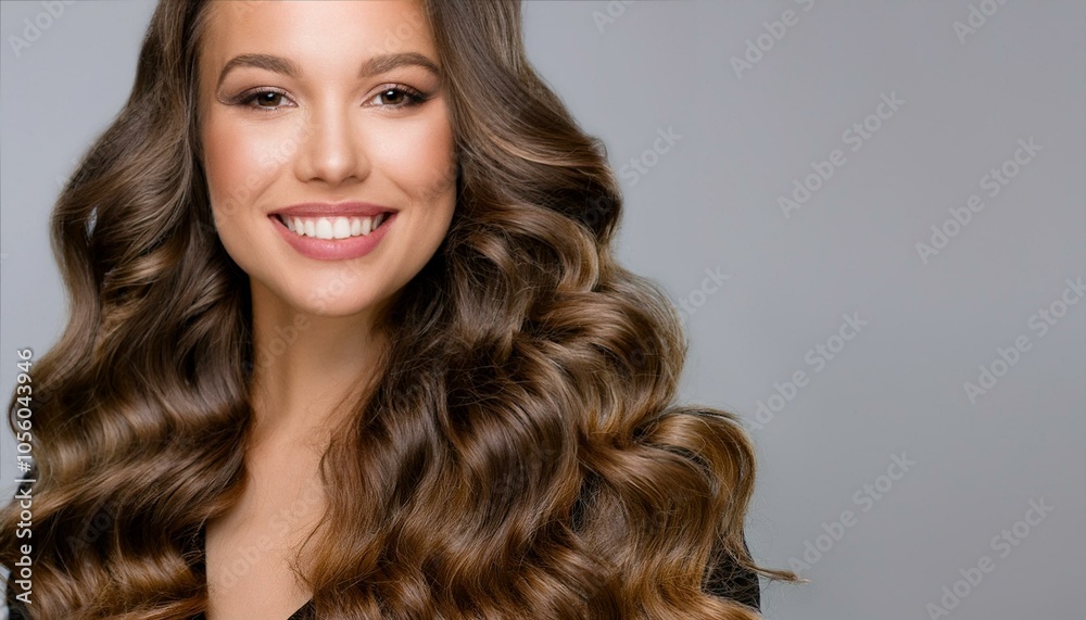 Naklejka premium Beauty brunette girl with long shiny curly hair . Beautiful smiling woman model wavy hairstyle .
