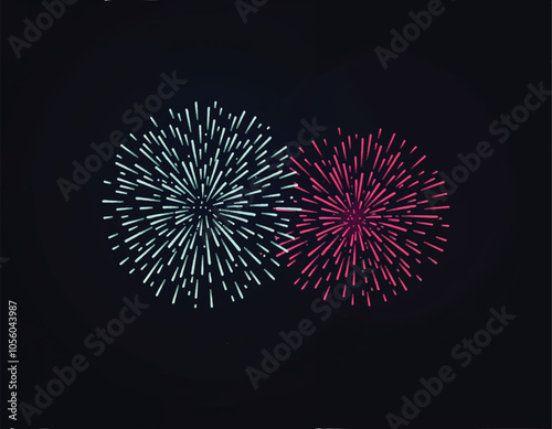 vector of fireworks display on a black background with blue and red  fireworks starbusrts on it
