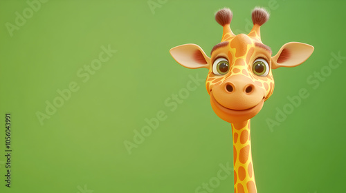 A cute cartoon giraffe with big eyes and a friendly smile looks at the camera against a green background.