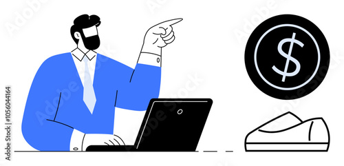 Businessman in blue suit pointing while working on a laptop, with a coin symbol and a shoe beside. Ideal for entrepreneurship, startup growth, finance planning, investment, business strategy