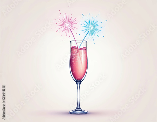 vector of a glass of pink champagne with pink and blue fireworks sparklers on a light background