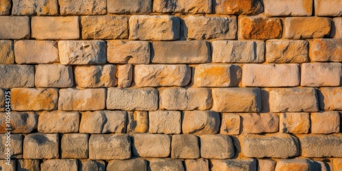 Ancient stone wall, weathered sandstone blocks, textured masonry, warm golden tones, irregular patterns, rustic architecture, historic fortress, sunlit surface, rough-hewn stonework, archaeological de