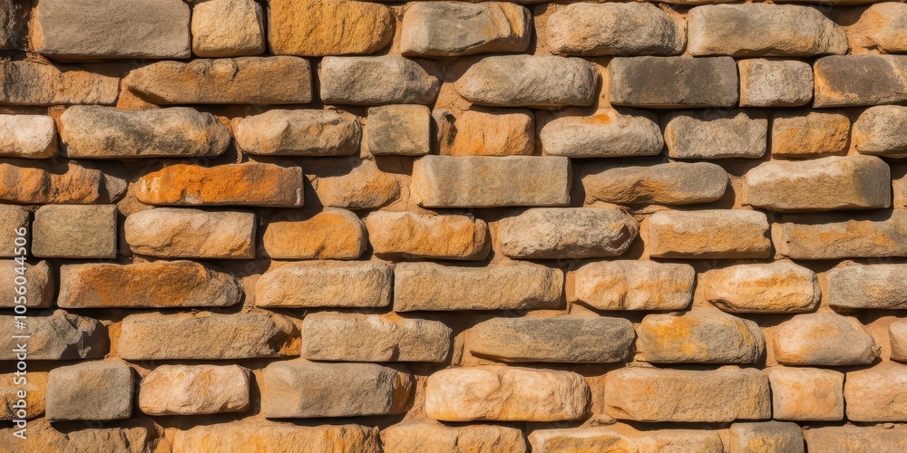 Obraz premium Ancient stone wall, weathered sandstone blocks, textured masonry, warm golden tones, irregular patterns, rustic architecture, historic fortress, sunlit surface, rough-hewn stonework, archaeological de
