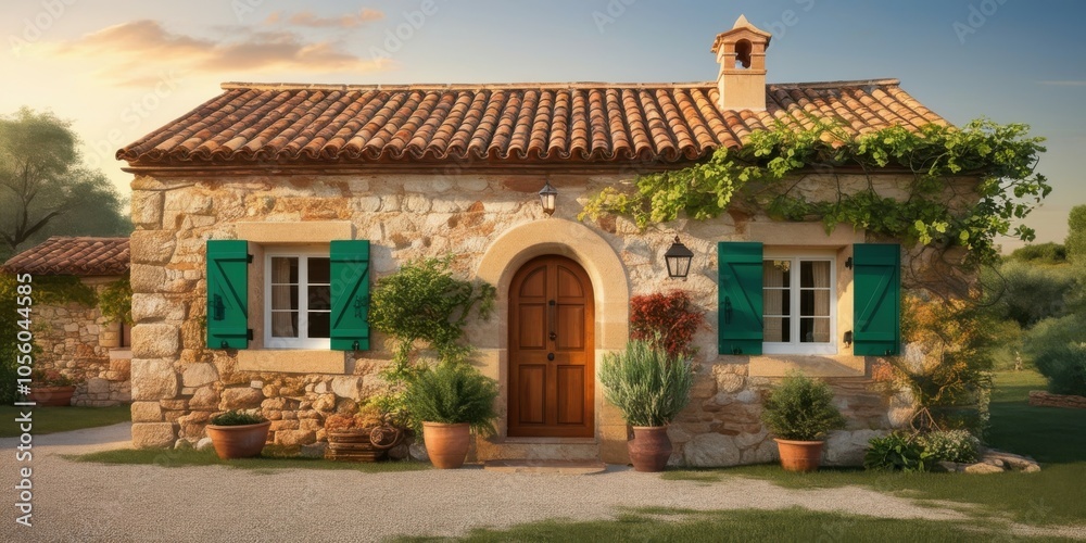 Fototapeta premium Rustic stone cottage, sun-drenched facade, vibrant green shutters, arched wooden door, terracotta roof tiles, climbing ivy, potted plants, Mediterranean style, warm evening light, charming countryside