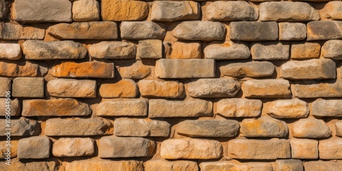 Ancient stone wall, weathered sandstone blocks, textured masonry, warm golden tones, irregular patterns, rustic architecture, historic fortress, sunlit surface, rough-hewn stonework, archaeological de