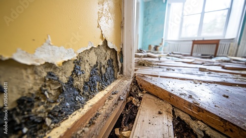 A close-up of damaged walls and floorboards in a deteriorating indoor space.