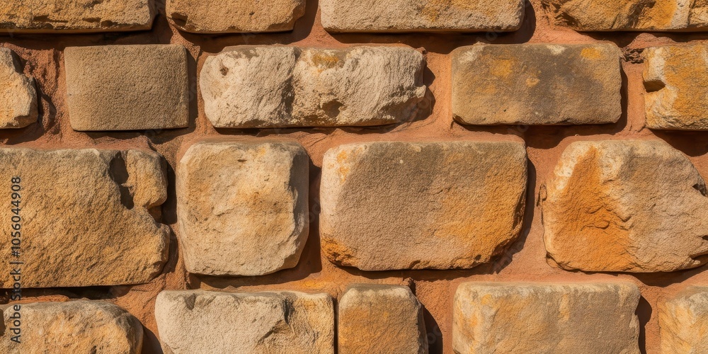 Ancient stone wall, weathered sandstone blocks, textured masonry, warm golden tones, irregular patterns, rustic architecture, historic fortress, sunlit surface, rough-hewn stonework, archaeological de