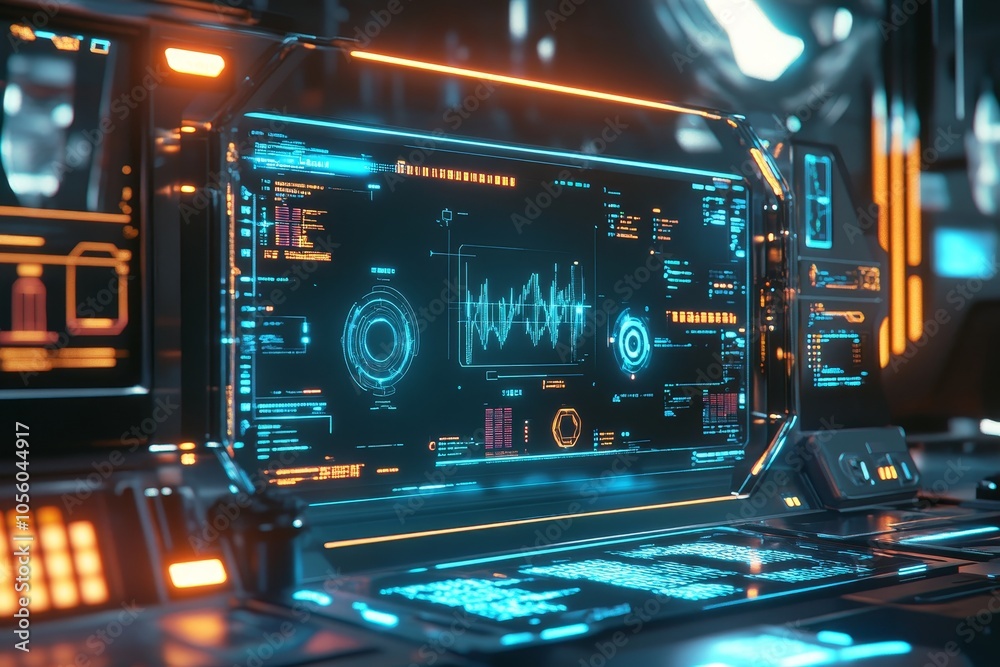 Futuristic holographic interface displaying data and information, set in an advanced space station or laboratory environment. Futuristic holographic interface displaying data and information, set in an advanced space station or laboratory environment.