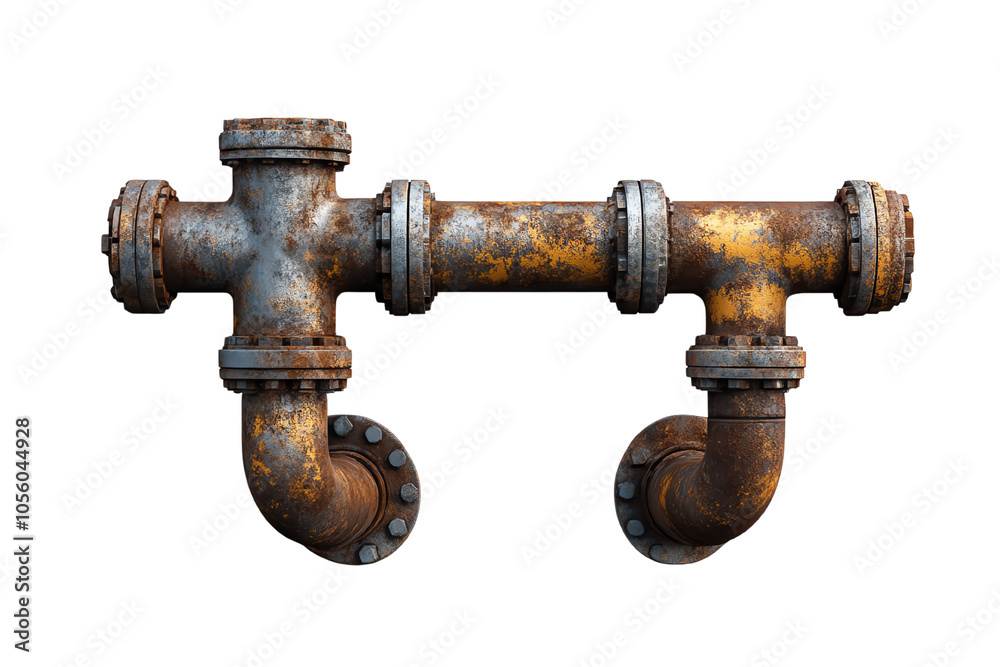 Rusty industrial pipe fitting with flanges, isolated on white background. Rusty industrial pipe fitting with flanges, isolated on white background.