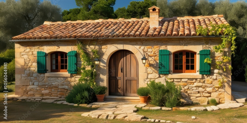 Fototapeta premium Rustic stone cottage, sun-drenched facade, vibrant green shutters, arched wooden door, terracotta roof tiles, climbing ivy, potted plants, Mediterranean style, warm evening light, charming countryside