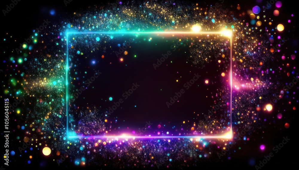 Obraz premium Bright glowing frame with sparkles and stars on a black background