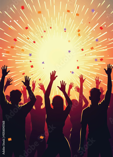 vector of a group of people are standing in crowd of people with fireworks and stars in background