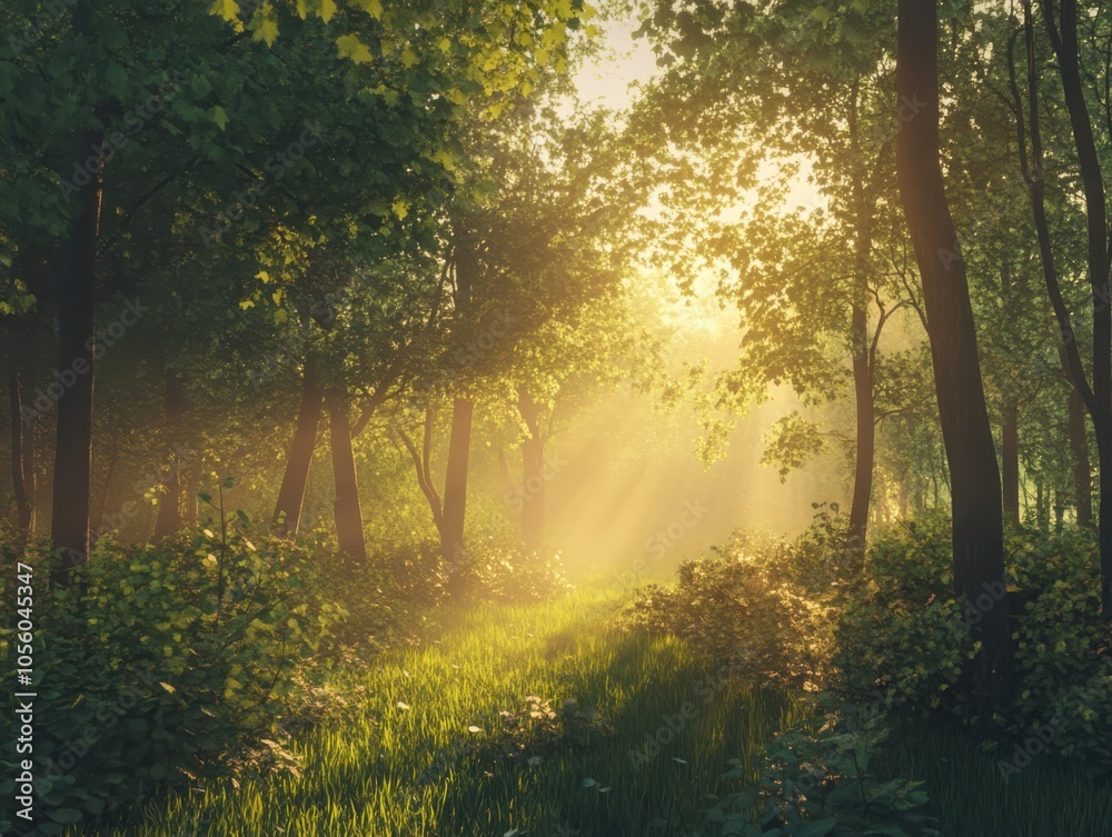 Serene sunrise over a lush forest enveloped in gentle mist and bathed in golden light Serene sunrise over a lush forest enveloped in gentle mist and bathed in golden light