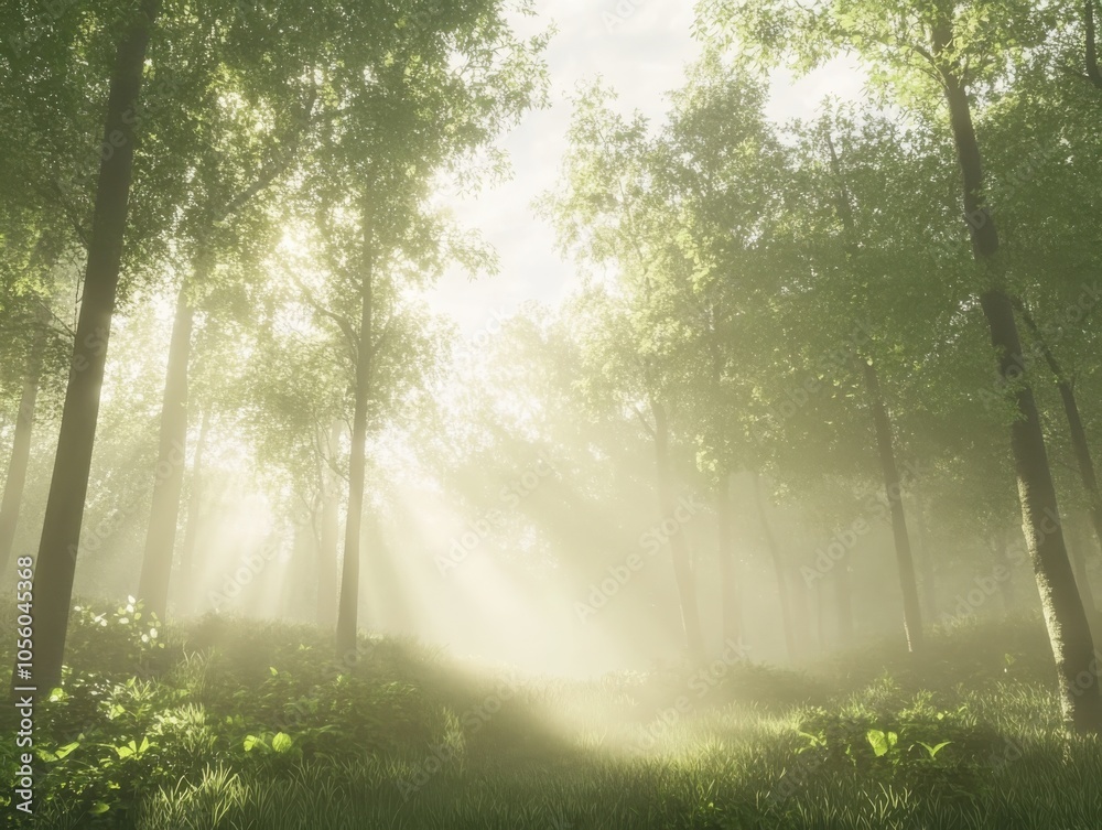 Fototapeta premium Serene sunrise in a lush forest wrapped in gentle mist a tranquil nature escape