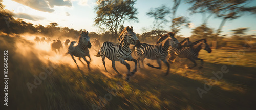 A herd of zebras running through a field at sunset.