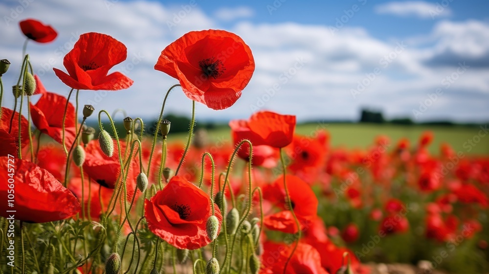 Obraz premium French Guiana Armistice Day. Red poppy flowers in a green field under a blue sky with clouds