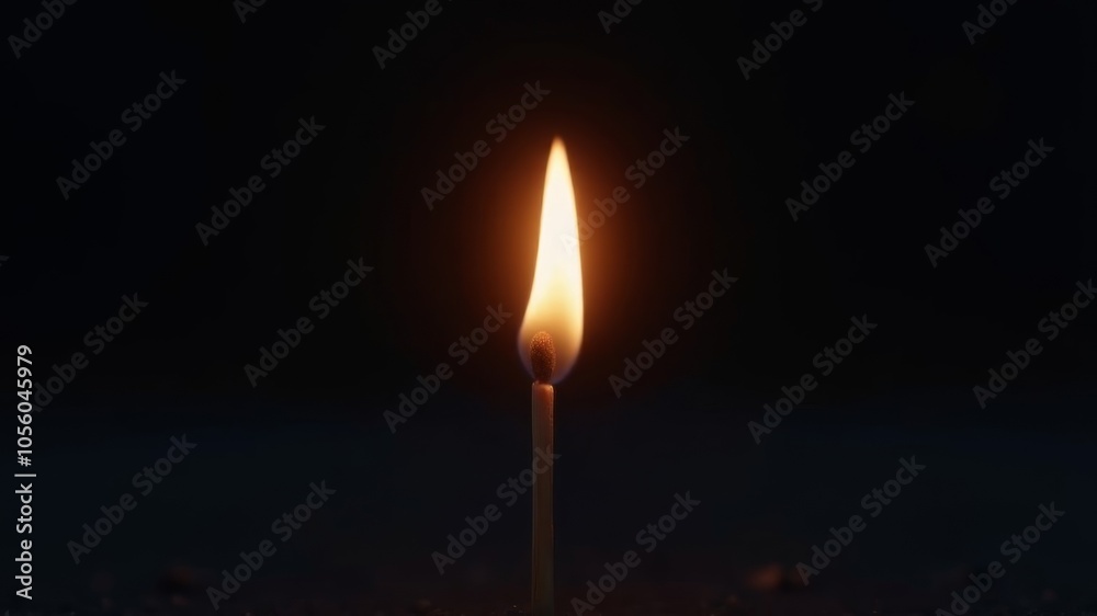 A single match burns with a bright, teardrop-shaped flame in the darkness A single match burns with a bright, teardrop-shaped flame in the darkness