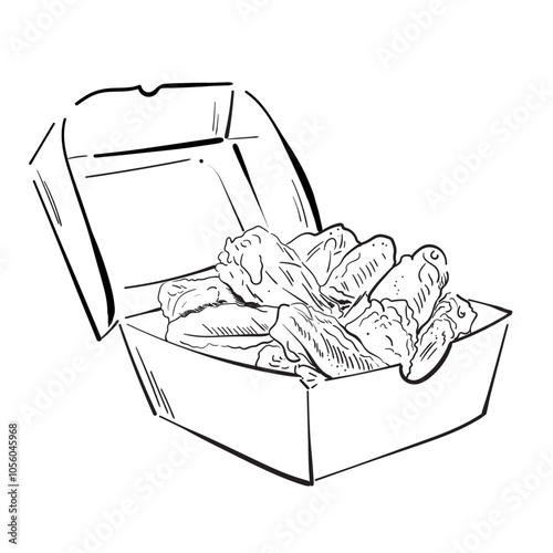 Chicken wings deep fried sketch hand drawn in doodle style. Outline for cafe, restaurant, menu, street food. Line drawing