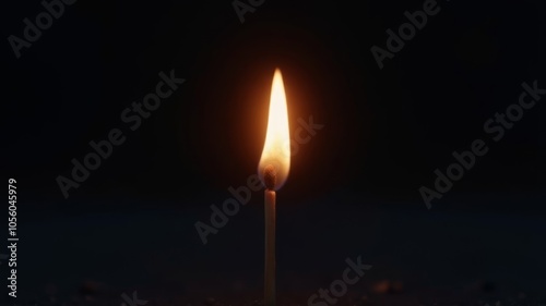 A single match burns with a bright, teardrop-shaped flame in the darkness