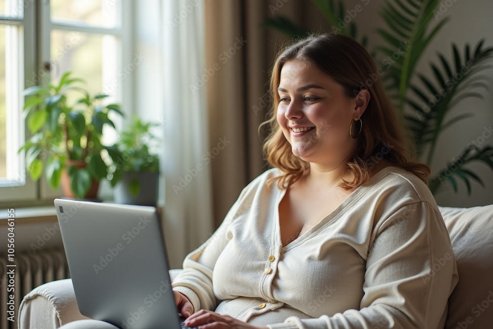 a plump woman in a light tunic with light brown wavy hair flowing down to her shoulders works at home on a laptop a plump woman in a light tunic with light brown wavy hair flowing down to her shoulders works at home on a laptop