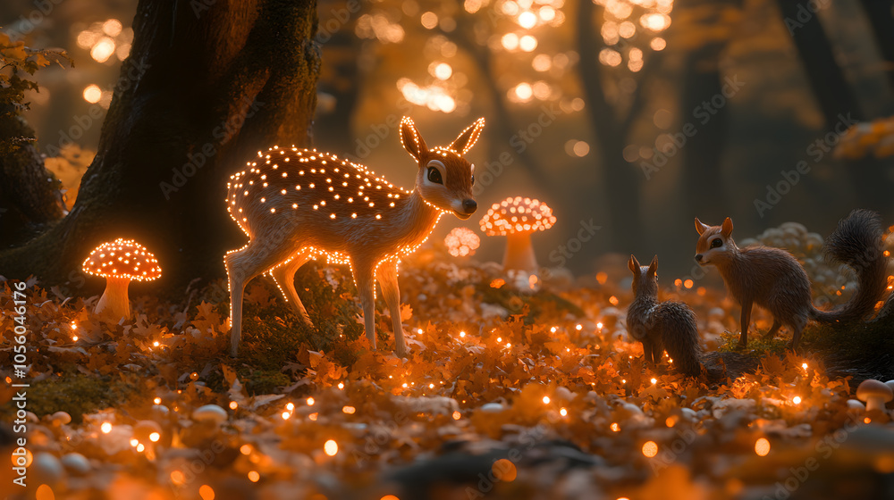 A magical forest scene with a deer, squirrel, and glowing mushrooms. A magical forest scene with a deer, squirrel, and glowing mushrooms.