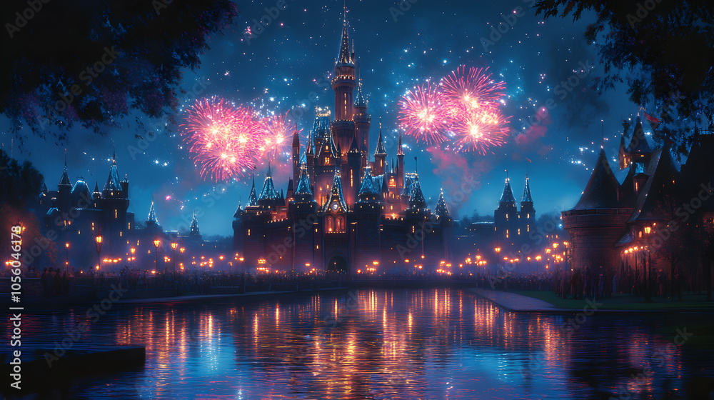 Fototapeta premium A magical night at a fairytale castle with fireworks exploding over the water and crowds of people gathered to watch.