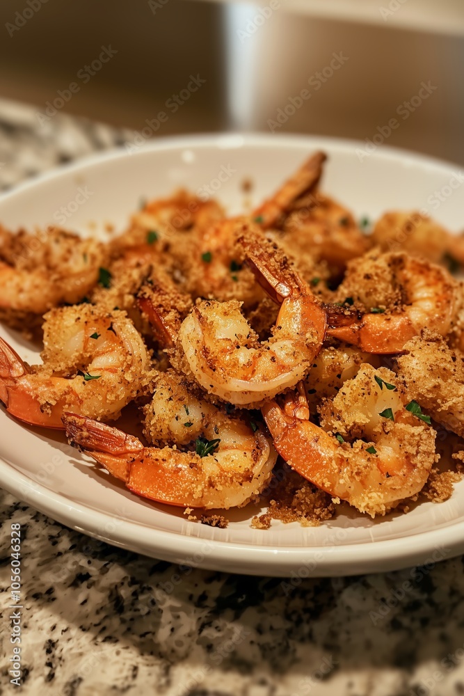 Crispy Baked Shrimp Served on a White Plate With a Sprinkle of Herbs in a Cozy Kitchen Setting Crispy Baked Shrimp Served on a White Plate With a Sprinkle of Herbs in a Cozy Kitchen Setting