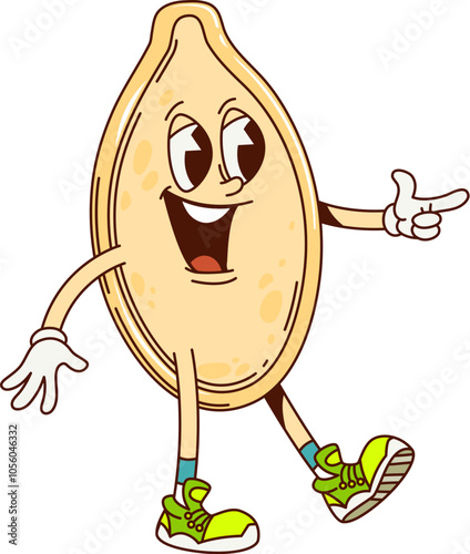 Groovy pumpkin seed character with funky funny face in retro cartoon, vector comic emoji. Groovy pumpkin seed with happy face laughing LOL and pointing finger for psychedelic retro cartoon character