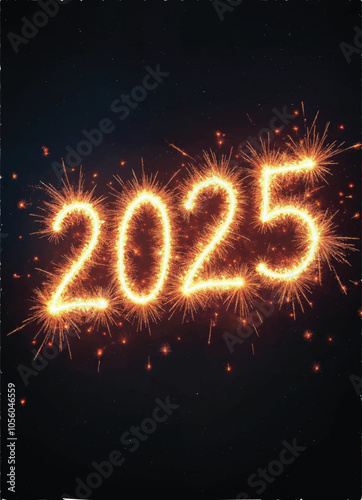 fireworks display with the numbers 2025 made from sparklers and fireworks bursts on dark background