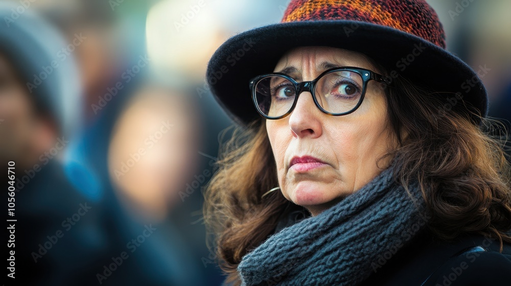 Pensive Mature Woman in Stylish Hat and Glasses Outdoors Pensive Mature Woman in Stylish Hat and Glasses Outdoors