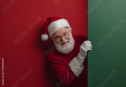 Santa Claus, looks from the corner, on a bright background. photo