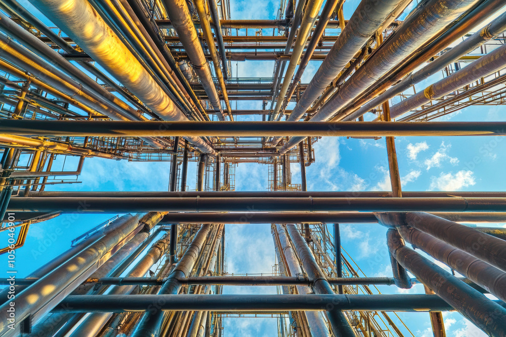 Industrial geometry: abstract view of metal pipes in refinery with clear sky Industrial geometry: abstract view of metal pipes in refinery with clear sky